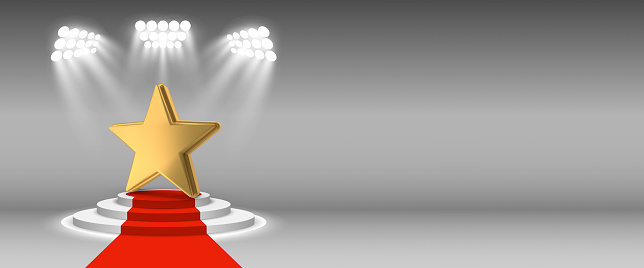 Success, winning or best of concept, 3D gold star shape object on stage with red carpet, top of the all things. You can use this composition as square via cropping or use as full for large copy space.