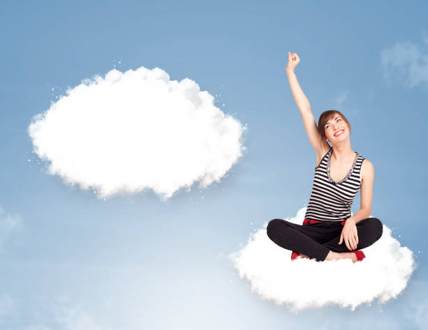 istock Young girl sitting on cloud and thinking of abstract speech bubble with copy space 1163700202