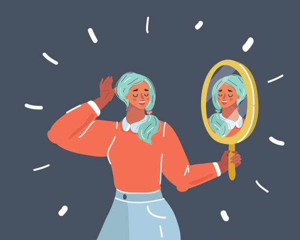 Beautiful woman staring at her reflection in a mirror Cartoon vector illustration of woman staring at her reflection in a mirror. Mirror shows lovely face. Self Love, Confidence and Concept. Human face on dark. self love stock illustrations
