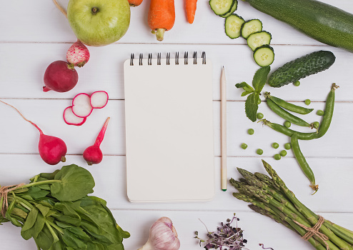 Meal plan of menu concept. Empty paper mock-up in the cener of different vegetables and fruits, top view