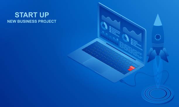 istock Start-up. Isometric view of the illustration. Laptop with data and infographics. The start button starts a new business project. 1163703134