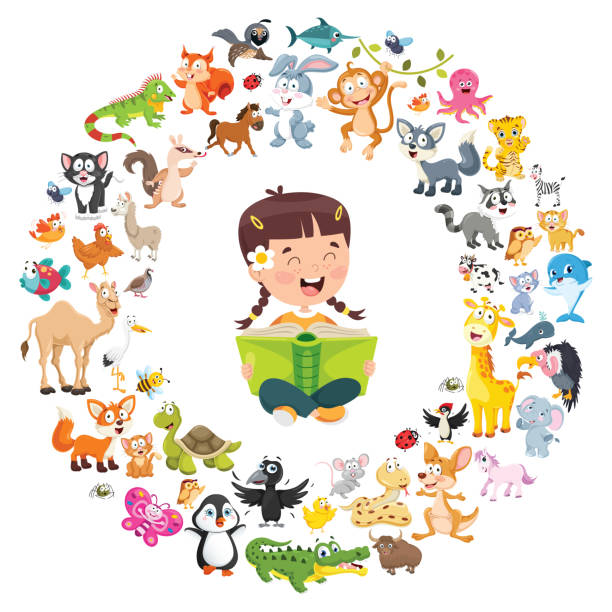 Vector Illustration Of Children Education Vector Illustration Of Children Education farm cartoon animal child stock illustrations