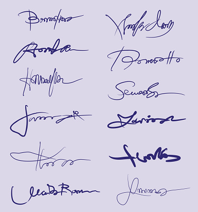 Vector Illustration with a collection of several simulated Handwrinting Signatures