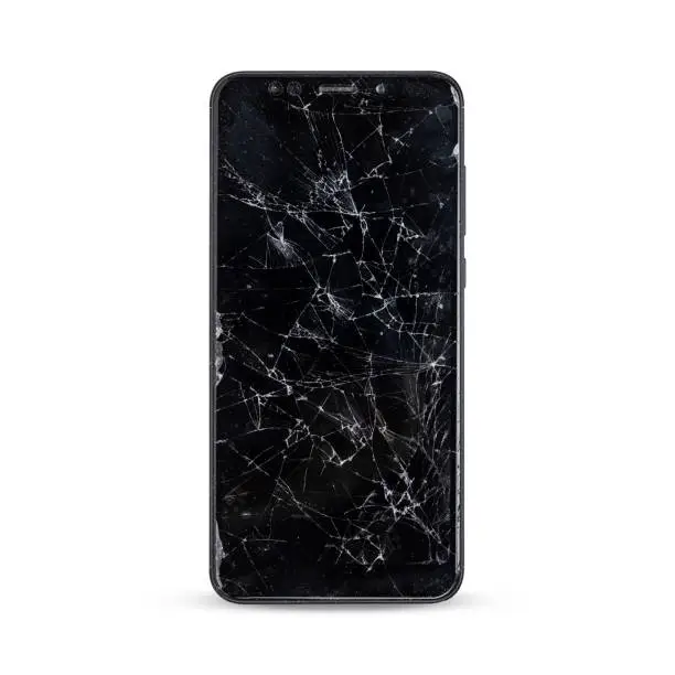 Photo of modern touch screen smartphone style black color with broken screen