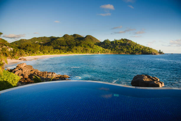 istock Stylish swimming pool with ocean view 1163707529