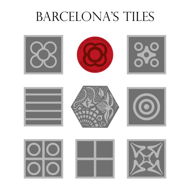 ilustraciones, imágenes clip art, dibujos animados e iconos de stock de conjunto de panots, pavimento hidráulico típico de barcelona - barcelona