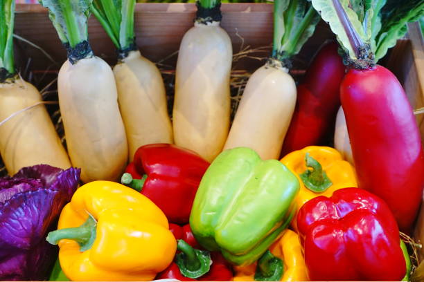 Fruits and veggies in wood box