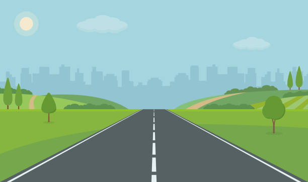Road To City. Straight empty road through the meadow. Road To City. Straight empty road through the meadow. Summer landscape vector illustration. journey silhouettes stock illustrations