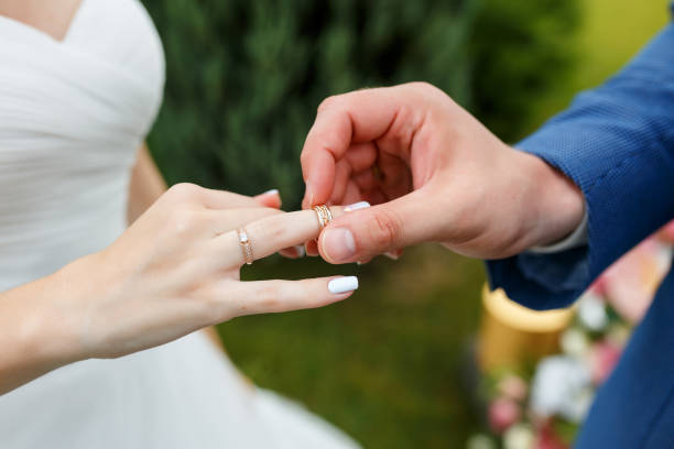 istock Newlyweds put each other rings on the ceremony 1163708760