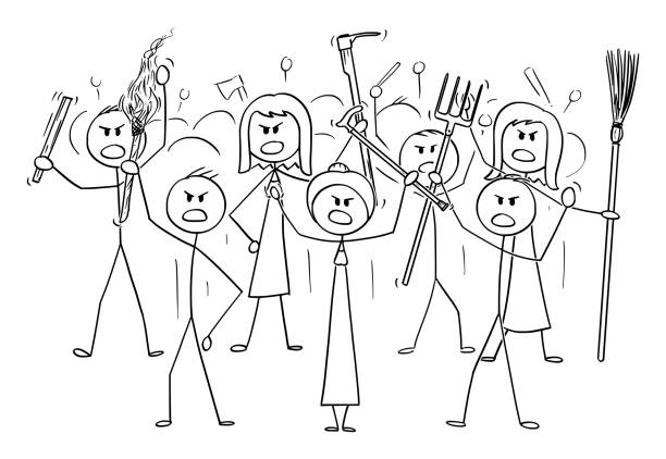 Vector Cartoon of Angry Mob Stick Characters with Tools as Weapons Vector cartoon stick figure drawing conceptual illustration of angry mob characters with torch and tools like pitchfork as weapons. angry crowd stock illustrations