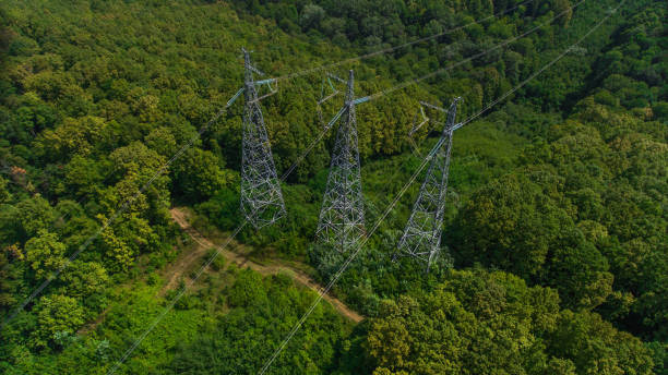 Aerial view. High voltage metal post. High-voltage towers in the forest. stock photo