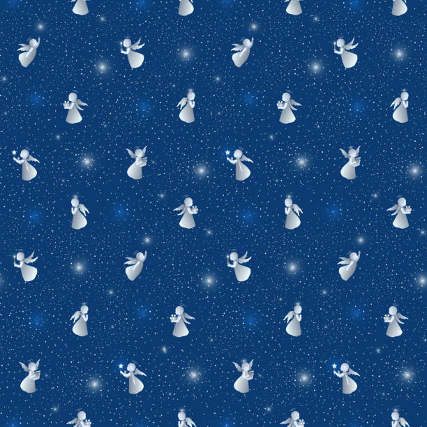 ilustrações de stock, clip art, desenhos animados e ícones de blue and silver merry christmas seamless pattern with angels - brass instrument flash