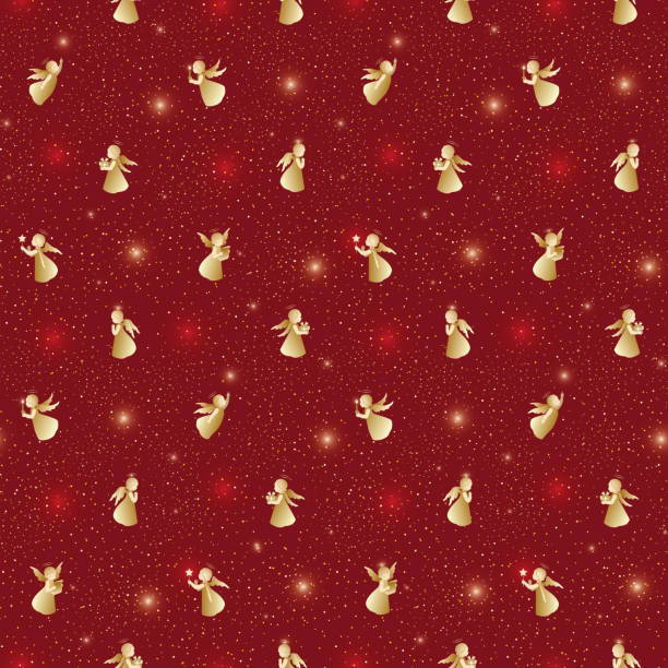 ilustrações de stock, clip art, desenhos animados e ícones de red and gold merry christmas seamless pattern with angels - brass instrument flash