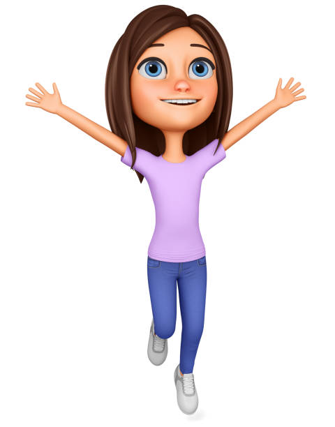 postać z kreskówki dziewczyna szczęśliwie skacze w górę. ilustracja do reklamy. - child jumping white background small stock illustrations