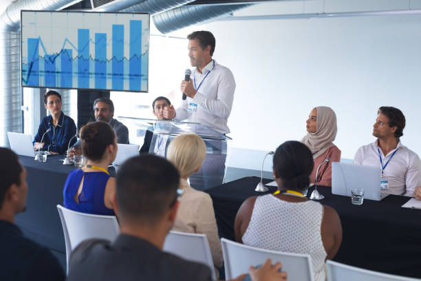 istock Male speaker speaks in a business seminar 1163712755