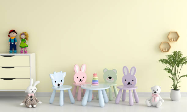 istock Table and chair in yellow child room for mockup, 3D rendering 1163712766