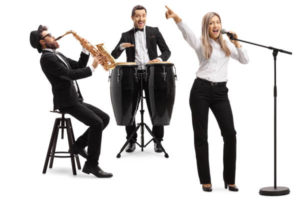 Female singer, man playing conga drums and man with a sax Full length shot of female singer, man playing conga drums and man with a sax isolated on white background drummer hands stock pictures, royalty-free photos & images