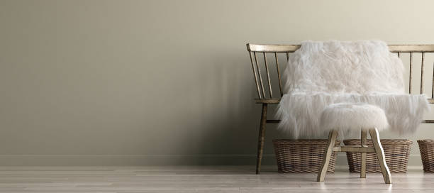 istock Home interior mock-up with old bench, Scandinavian bohemian style 1163715399