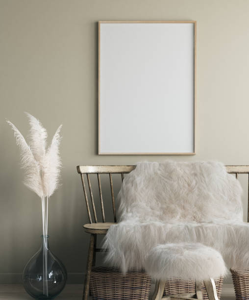 istock Poster mock up in home interior with old bench, Scandinavian bohemian style 1163715434