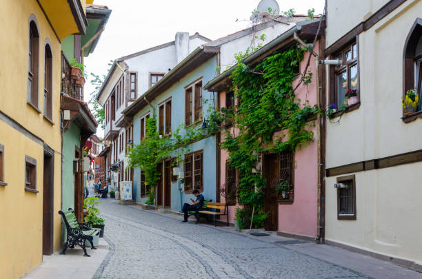 Historical Odunpazari district and traditional Turkish Houses Eskisehir, TURKEY - May 19, 2018: Historical Odunpazari district view in Eskisehir City of Turkey. It  is popular tourist attraction in the Eskisehir.There are souvenir shops on street. eskisehir stock pictures, royalty-free photos & images