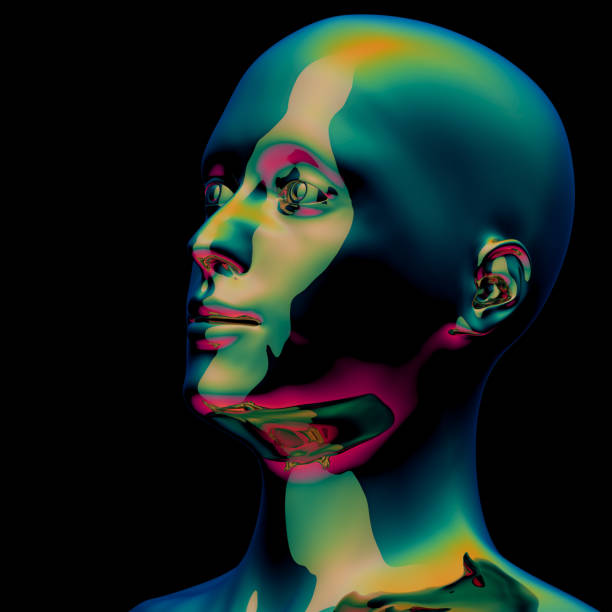 istock Stylized man head metallic green polished colorful reflections 1163717253