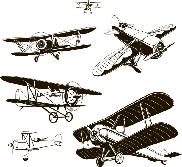 illustrations, cliparts, dessins animés et icônes de biplans vintage définir vector noir vieux, logo, emblème, étiquette - airshow