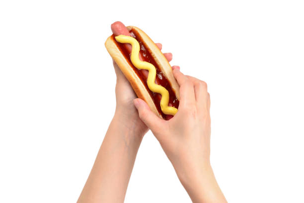 Hot dog in woman hand isolated on white background. Copy space.