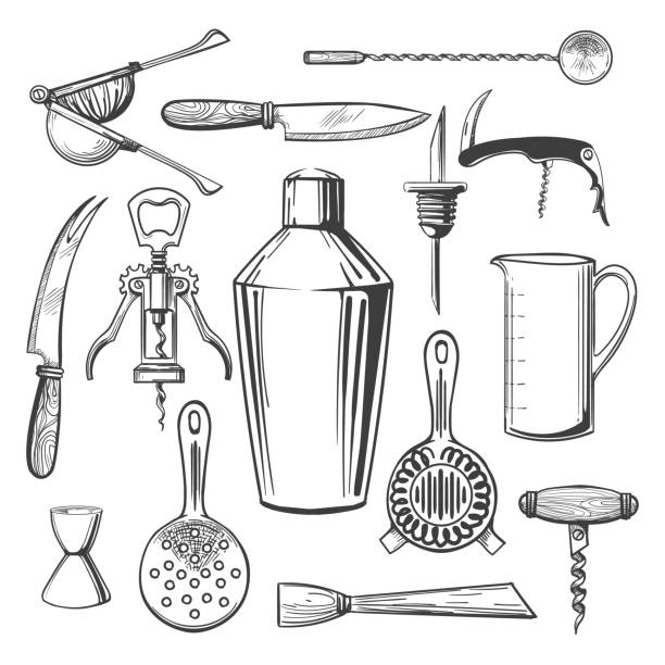 Bar equipment tools Bar equipment tools. Cocktail drinks mixing accessories, stirrer and jigger, spoon and shaker bar professional instruments for bartender, vector illustration cocktail shaker stock illustrations