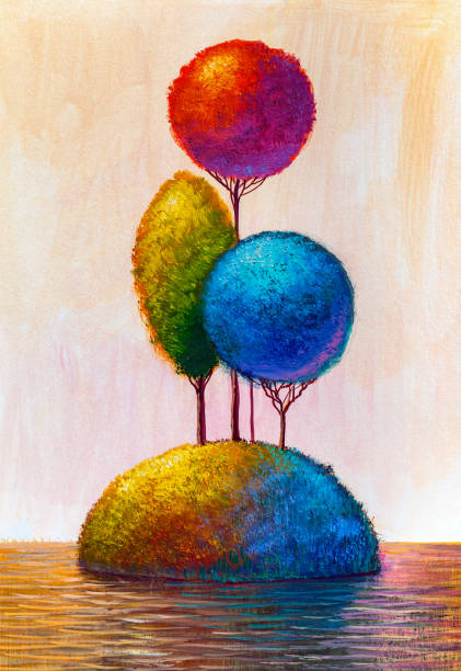 istock Abstract trees on the river bank. Original painting. 1163721025