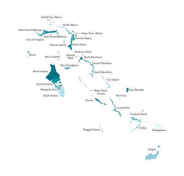 ilustrações, clipart, desenhos animados e ícones de vector a ilustração isolada do mapa administrativo simplificado dos bahamas. fronteiras e nomes das regiões. silhuetas cáqui azuis coloridas - eleuthera island