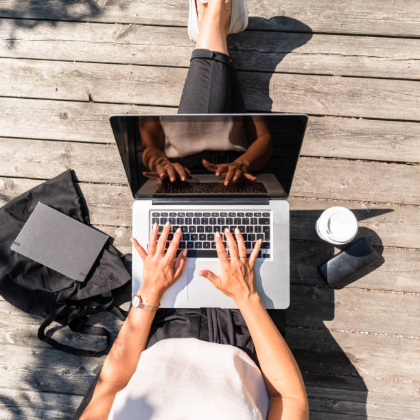 Freelance woman is working on the go
