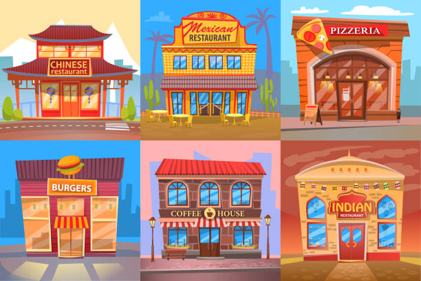 ilustraciones, imágenes clip art, dibujos animados e iconos de stock de cartel de snackbar eatery and restaurant public place - dining burger outdoors restaurant
