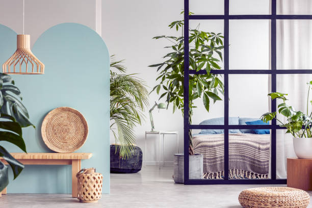 istock Urban jungle in bright white and blue bedroom interior with partition 1163726513