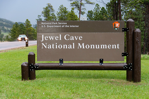 Entrance sign to Jewel Cave National Monument in South Dakota.