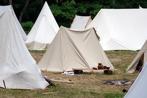 Medieval military tent camp site. Middle ages camp site shows how tribes used to live in the past