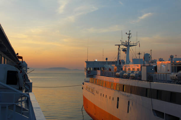 Moored Ferries at Rafina Port on sunrise stock photo