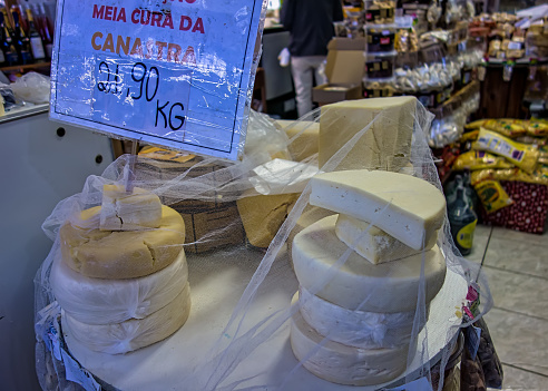 Poços de Caldas, Minas Gerais - Brazil. Handmade cheese, aka Queijo meia-cura, in the city's popular municipal market.