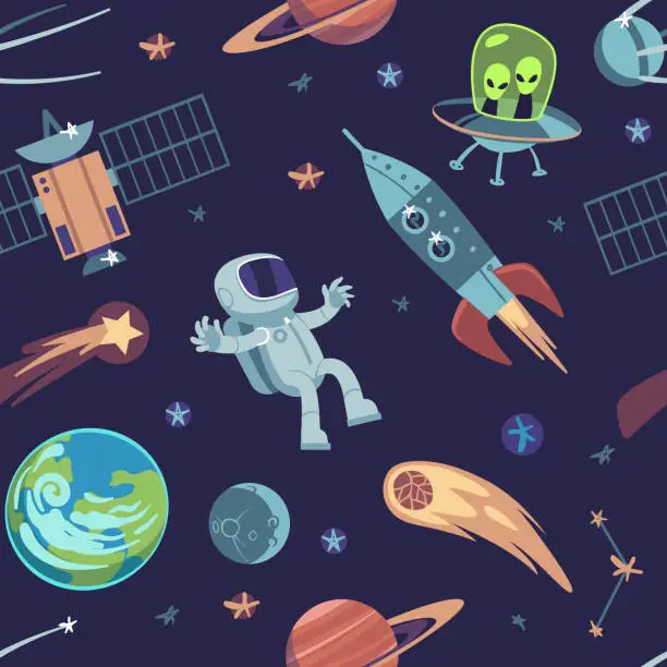 Vector illustration of Cartoon space seamless background. Hand drawn galaxy pattern with spaceships satellites planets astronauts, kids doodle vector design