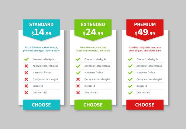 Comparison pricing list. Price plan table, product prices comparative tariff chart. Business infographic option banner vector template Comparison pricing list. Price plan table, product prices comparative tariff chart. Business infographic option banner vector template of creative simple tabbed column pricing infographics stock illustrations