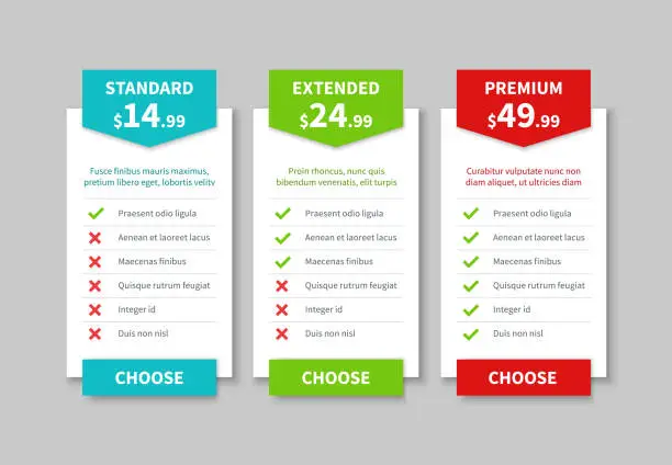 Vector illustration of Comparison pricing list. Price plan table, product prices comparative tariff chart. Business infographic option banner vector template