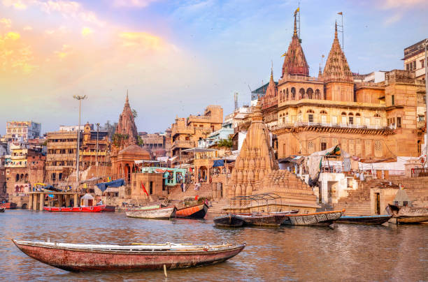 istock Varanasi ancient city architecture at sunset as viewed from a boat on river Ganges 1163730774