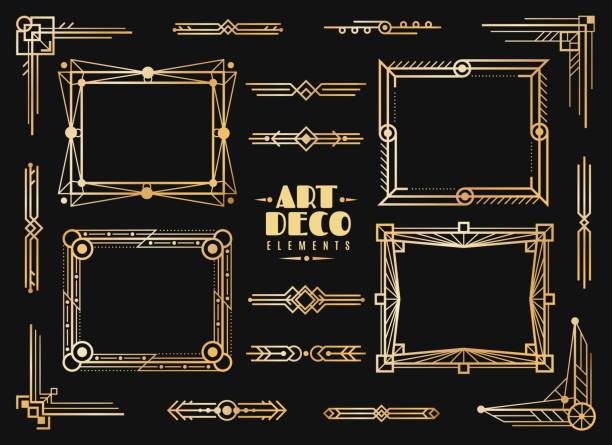 illustrazioni stock, clip art, cartoni animati e icone di tendenza di elementi art déco. bordo in cornice deco da sposa in oro, divisori e angoli classici. 1920s retrò lusso arte oro astratto vector design - frame ornate single line in a row