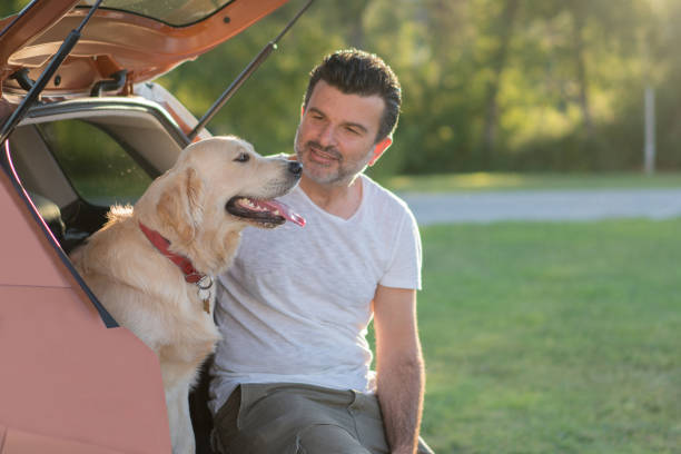 istock Man sitting with his dog on the car trunk 1163730884