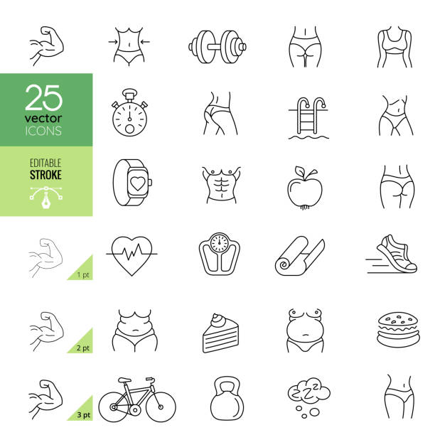 Fitness related line icons. Editable stroke. Fitness and workout related line icons. Editable stroke. slim woman body stock illustrations