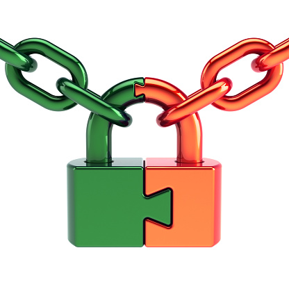 Concept puzzle lock padlock closed with chain link green orange parts. Security protection icon concept. 3d rendering