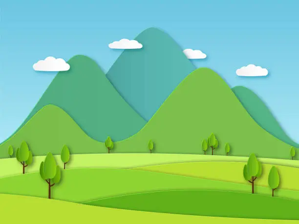 Vector illustration of Paper field landscape. Summer landscape with green hills and blue sky, white clouds. Layered papercut creative vector 3d nature image