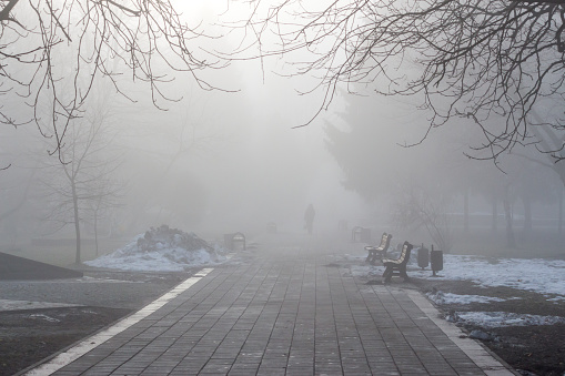 Spring came with melting snow and morning fog to the local park. Person gong to work in a foggy weather park.