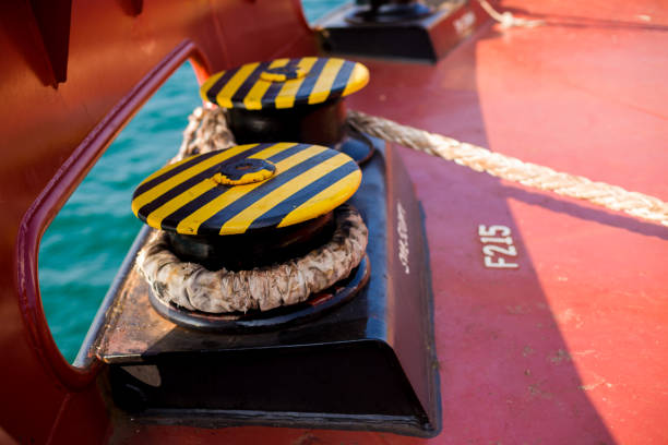 istock Bollard and mooring cable on ocean cargo ship. 1163732256