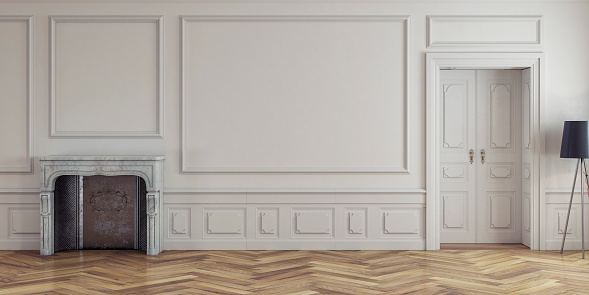 Empty antique interior with copy space and door on the right. White plaster wall in the background and hardwood floor with fireplace on the left. Vintage effect applied. 3D rendered image.