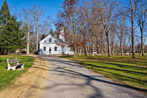 An old, restored chapel in Allaire Village, New Jersey. Allaire village was a bog iron industry town in New Jersey during the early 19th century. The chapel also served as a school.